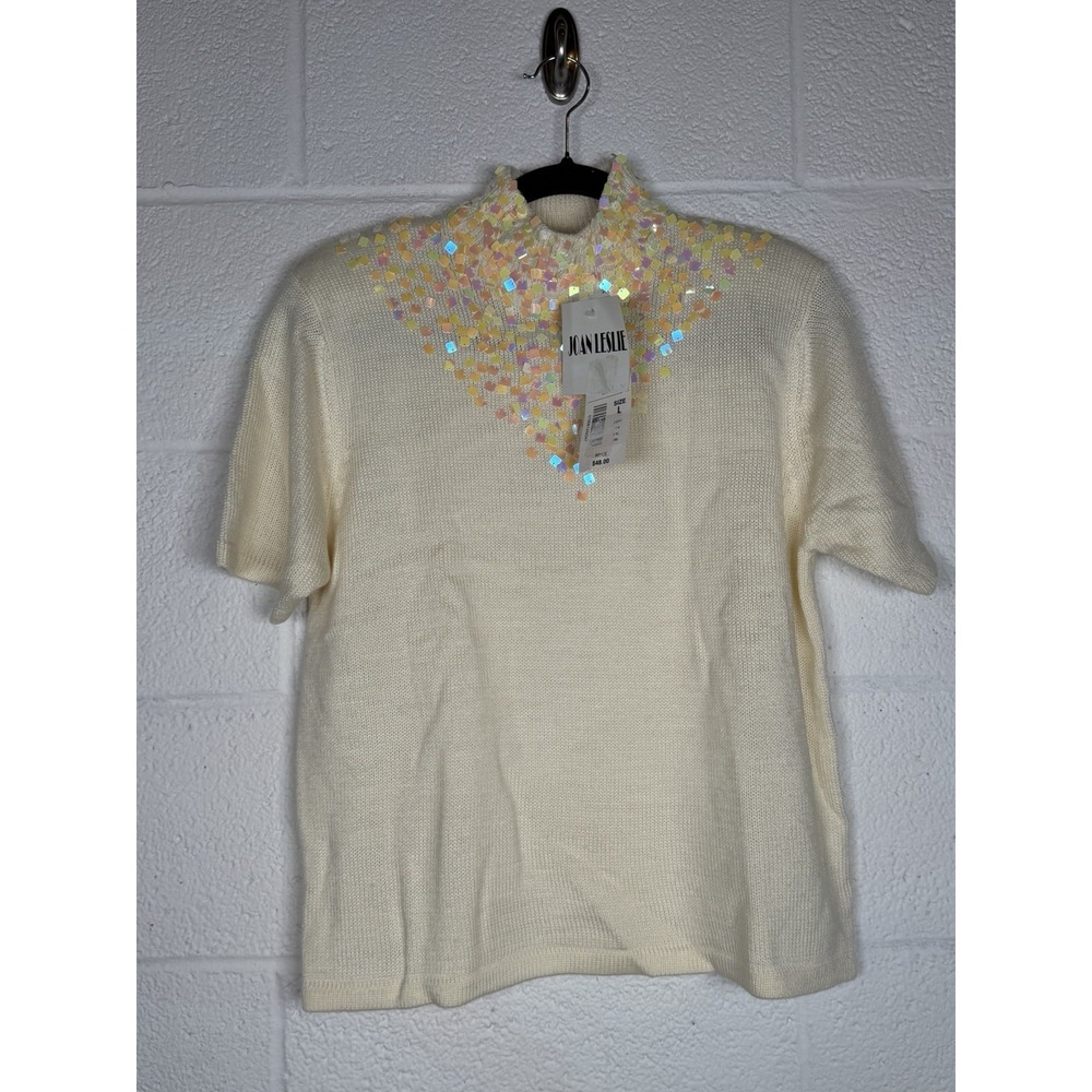 Vtg 80s-90s Joan Leslie Sequin Mock Neck Knit Sweater NWT Cream Short Sleeve L
